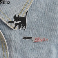 xedz killer cat enamel pin fun animal black cat knife brooch clothes backpack lapel badge cartoon jewelry gifts for friends kids