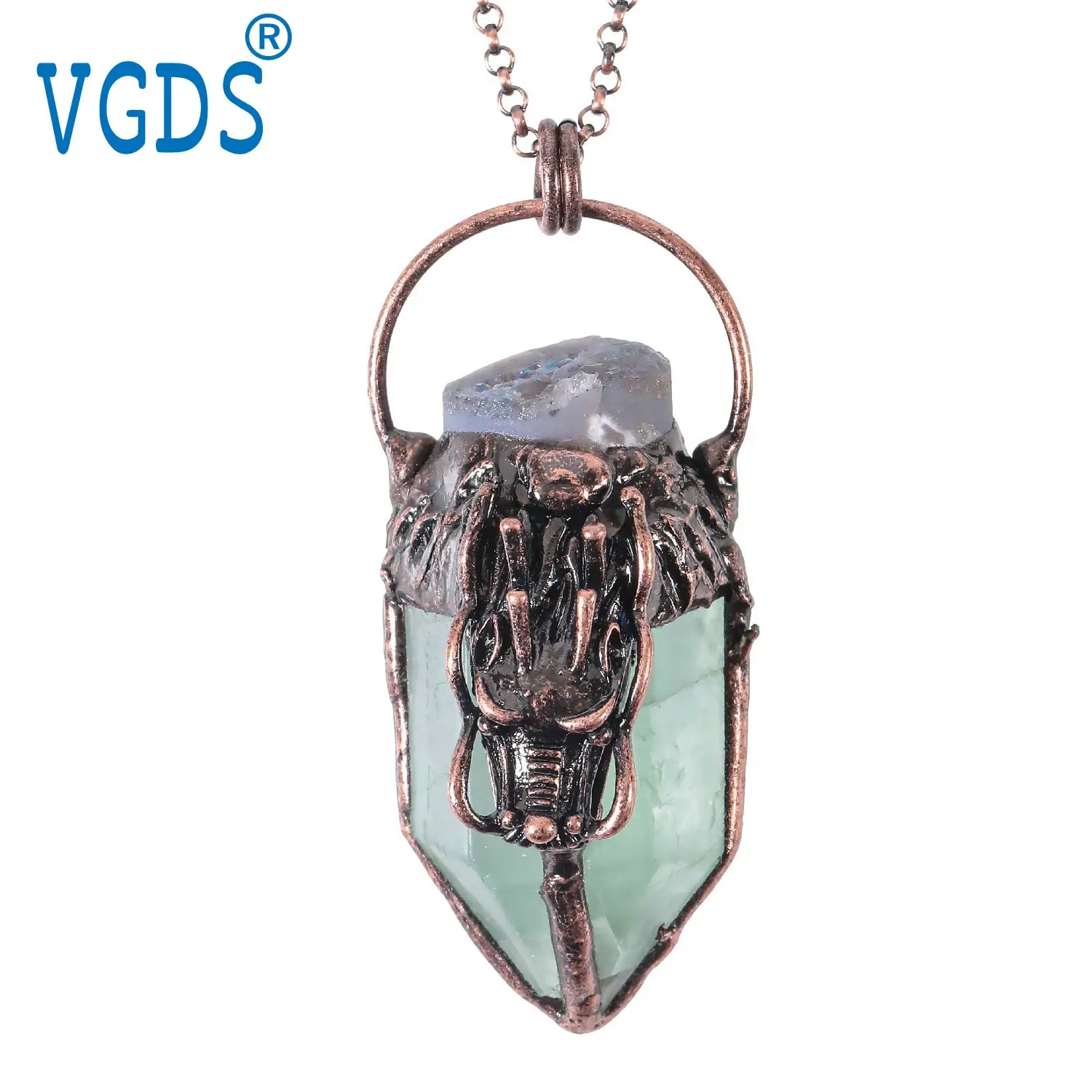 

VGDS Natural Green Fluorite Animal Vintage Dragon Head Women Necklace Hexagonal Column Domineering Bronze Stone Pendant for Men