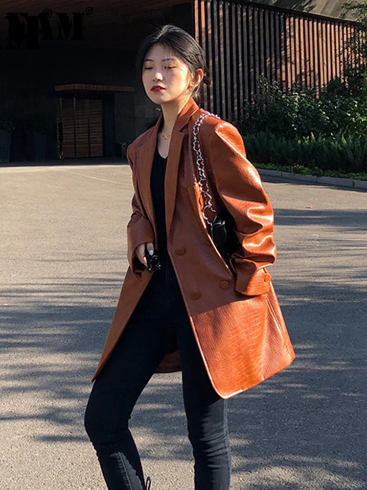 [EAM] Women Brown Pattern Big Size Leather Blazer New Lapel Long Sleeve Loose Fit Jacket Fashion Spring Autumn 2023 1DD6449