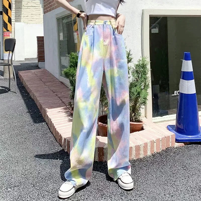 2023 Summer Tie Dye Jeans for Women Ins High Waist Loose Straight Trousers Female Korean Streetwear Wide Leg Pants