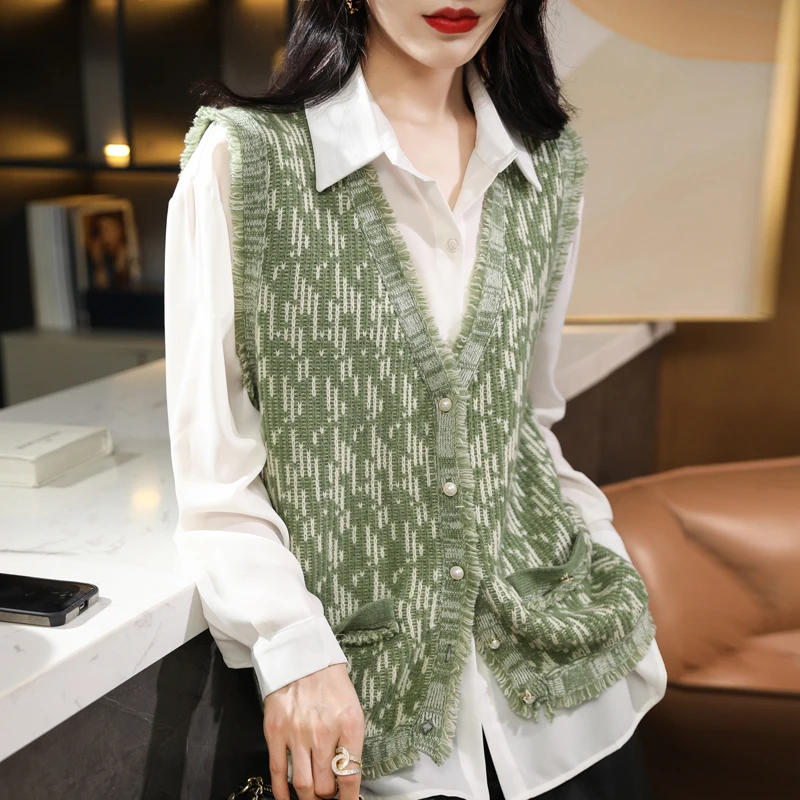 Новинка 2024 женский жилет WOTEEWS из 100% шерсти модный вязаный кардиган с V-образным