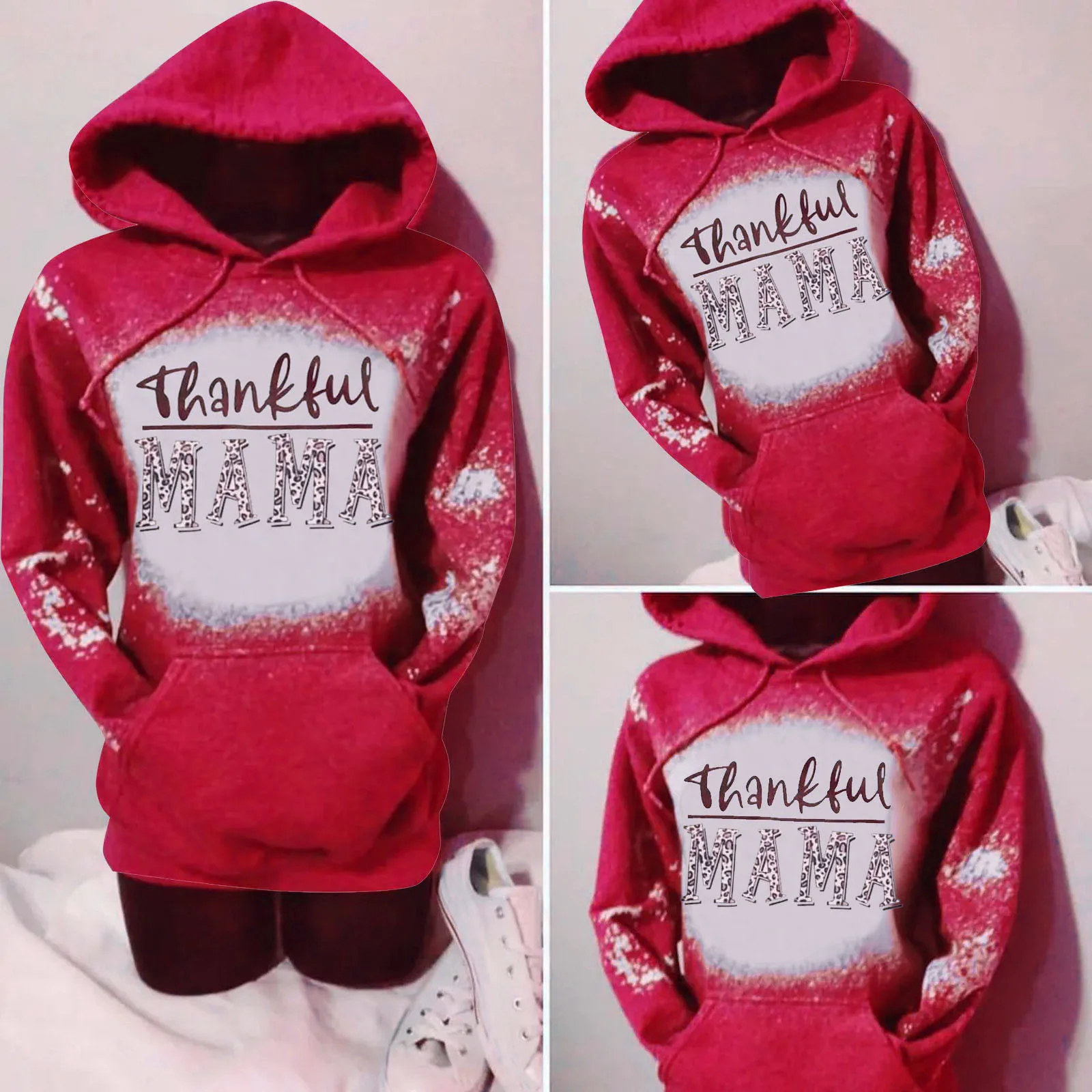 

Sweatshirt Top Ladies Casual Pocket Hooded Pullover Tie-Dye Bleaching Long-Sleeves Printed Sweater Women Pullover Hoodie