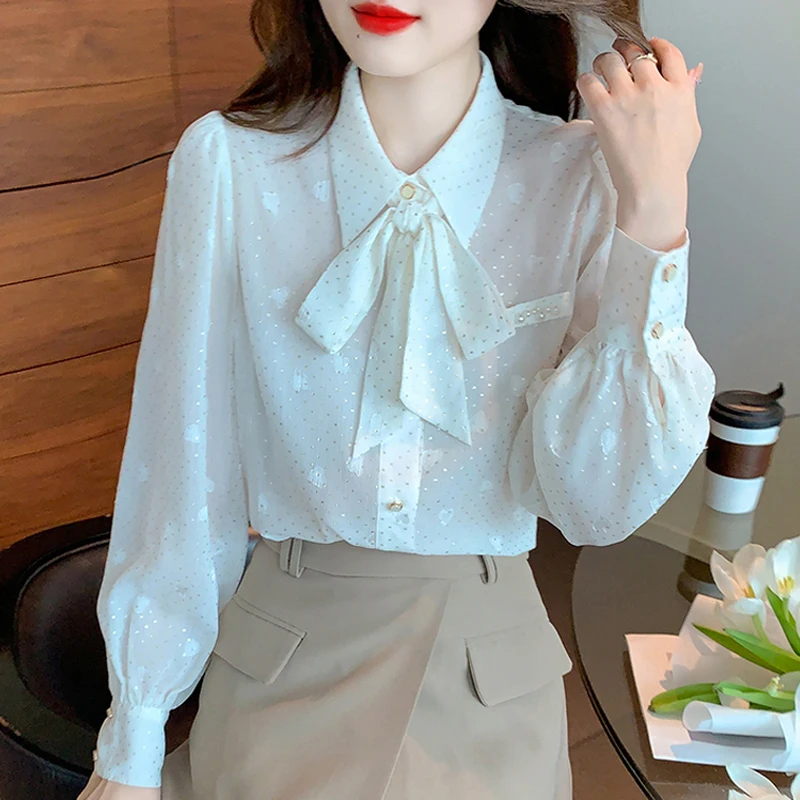 

New Fashion Printing Chiffon Blouse Women Office Lady Elegant Long Sleeve Women Shirt Bow White Buttons Female Clothing 24563