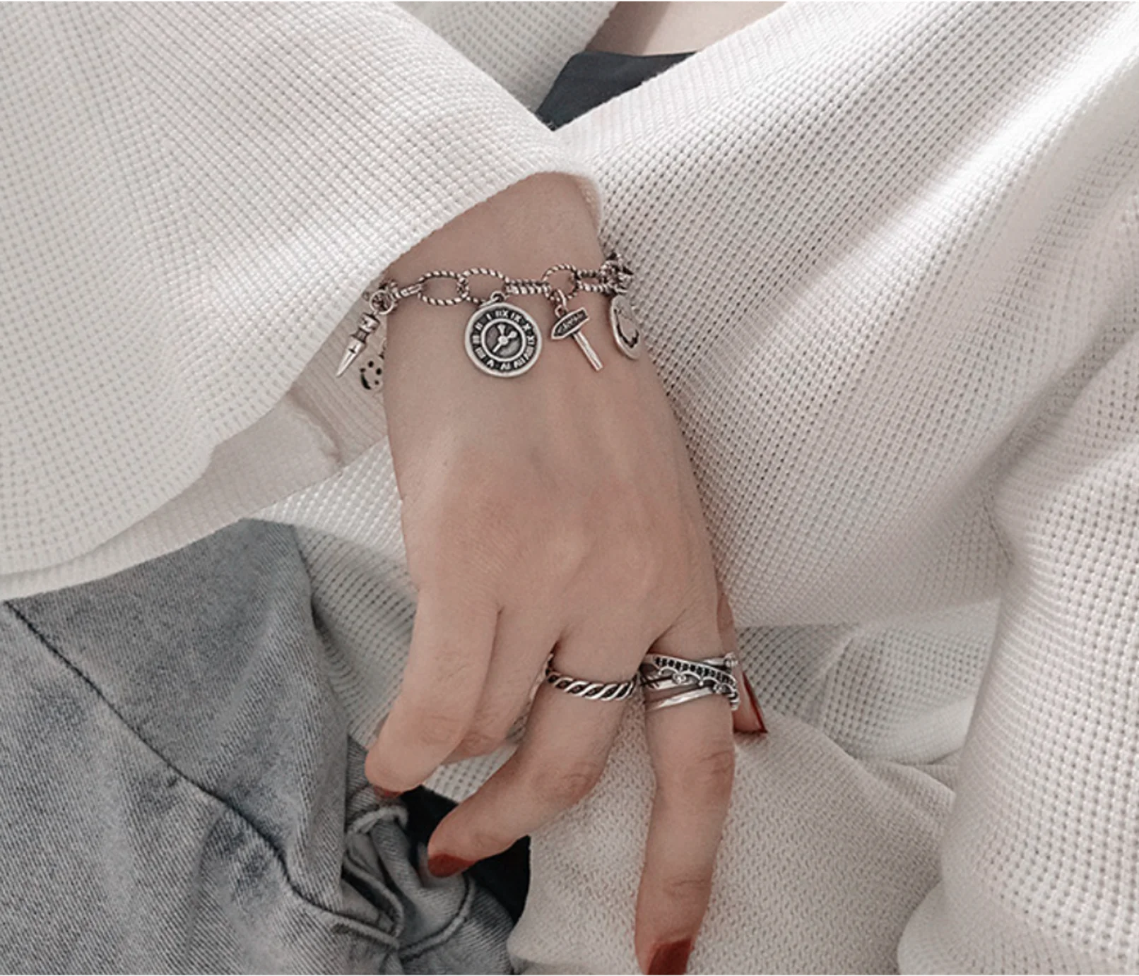 

unique S925 silver vintage smile face cross star multiple Pendant Bracelets for women Fashion Jewelry (5pcs of free shippign)