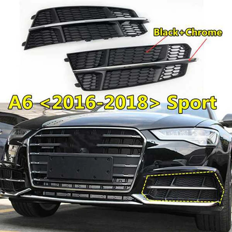

1Pair Car Front Bumper Fog Light Grille Fog Lamp Grill Cover with Chrome Strip for-Audi A6 C7 S-Line S6 2015-2018