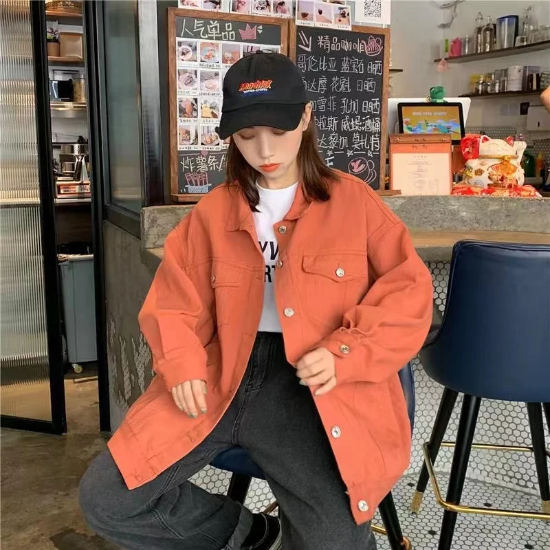 

Куртка женская джинсовая с длинным рукавом, Модный Пиджак из денима в Корейском стиле, в стиле Харадзюку, оранжевого и розового цветов, осень 2020