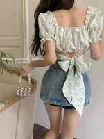 french sweet and spicy one shoulder square neck bubble sleeve niche shirt womens summer design short collarbone floral top