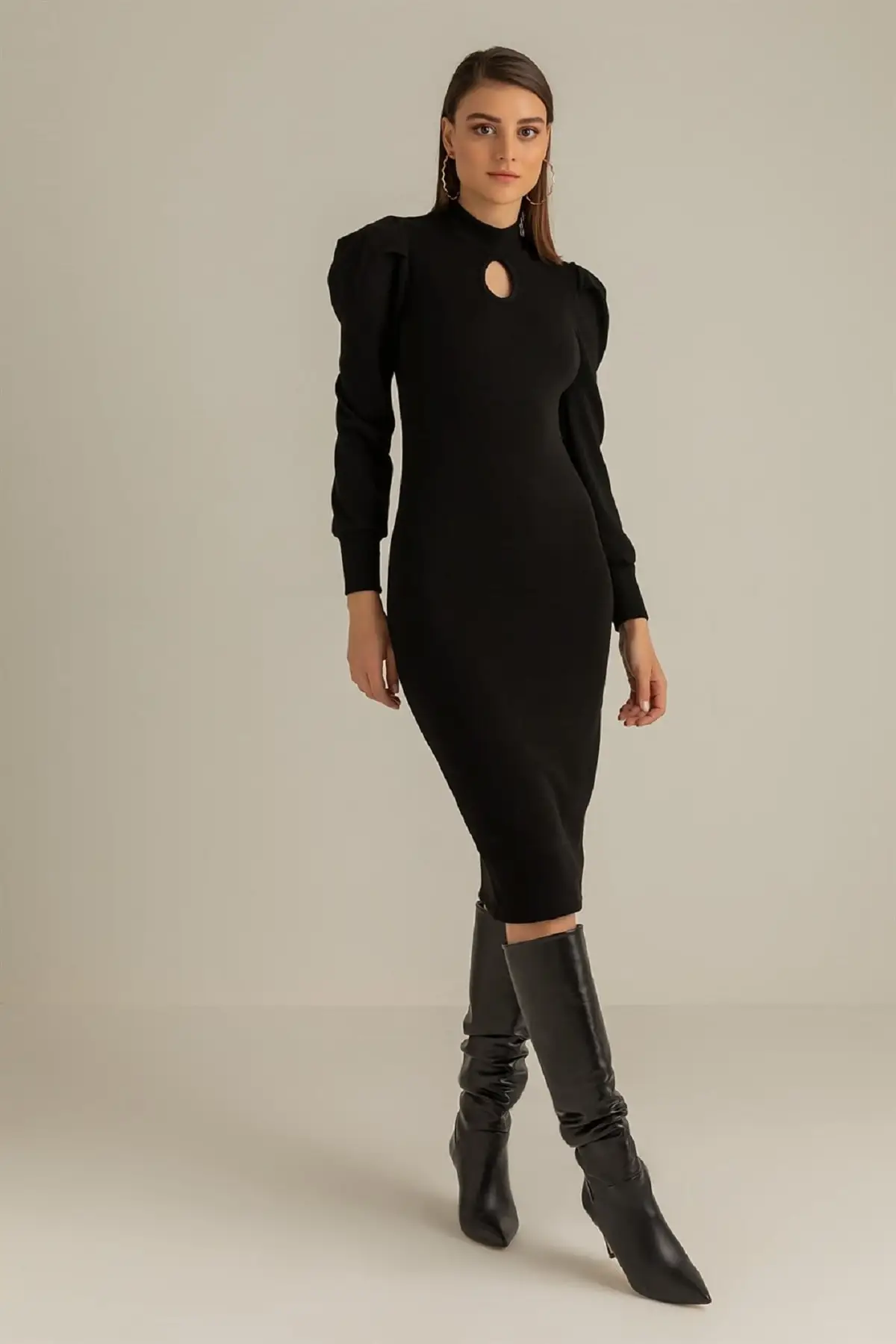 

Flexible Knitwear Fabric Drop Off Shoulder Detailed Long Sleeve Black Dress 015 Button Street Style Plain Color Bodycon Upholstery Neck