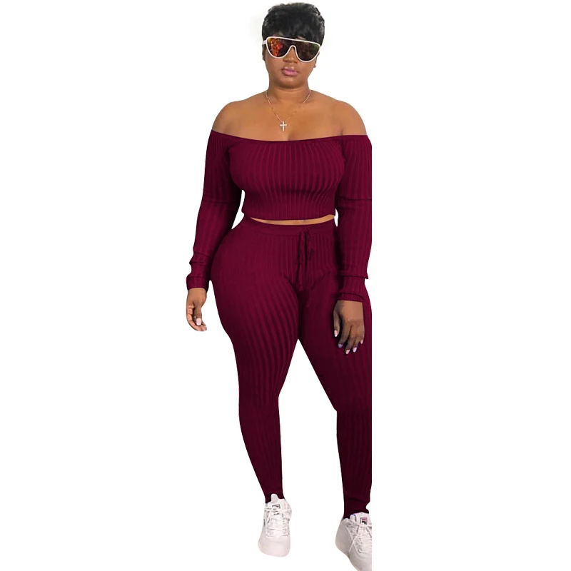 

Sporty Two Piece Set Women Slash Neck Crop Tops And Empire Pant Suits Spring Solid Knitted Ribbed Casual Tracksuit Matching Set