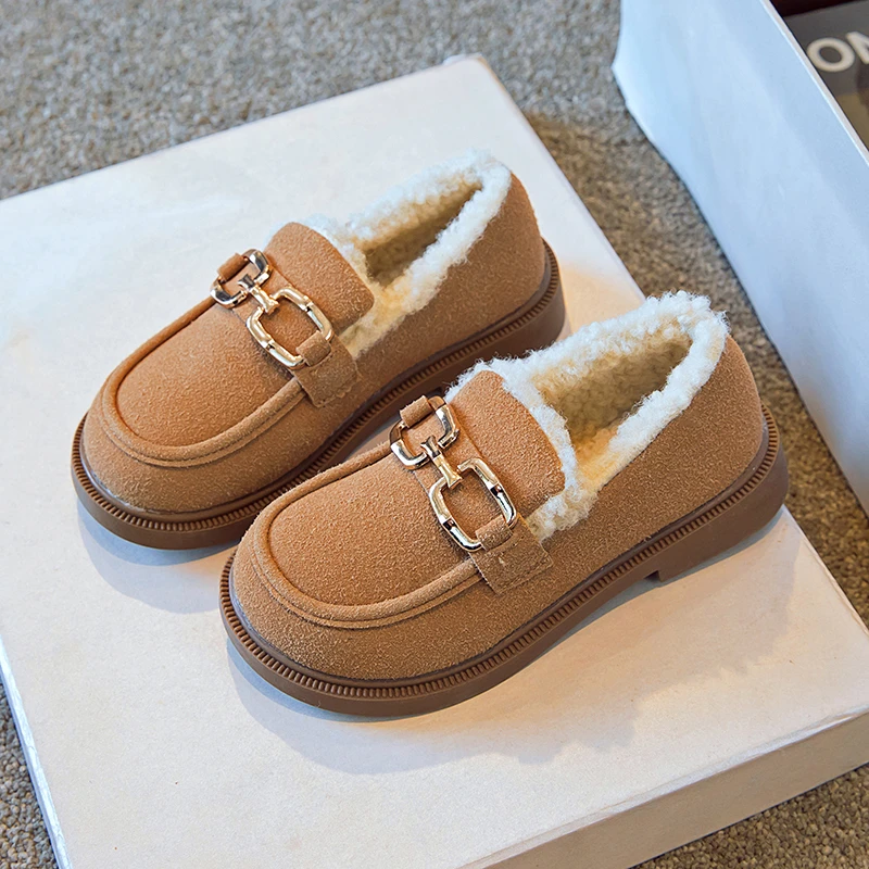 

Brown Children Loafers Winter Casual Velvet Metal Chain Kids Flat Shoes Size 26-36 Comfy Trendy Slip-on Black Boys Girls Shoes