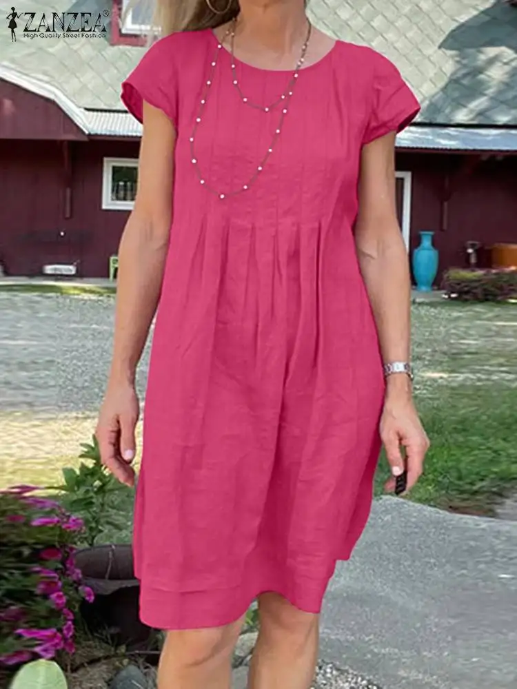 

Casual Pleated Solid Color Short Vestidos ZANZEA Women 2023 Summer Knee-length Dress O-neck Short Sleeve Sundress Holiday Robes