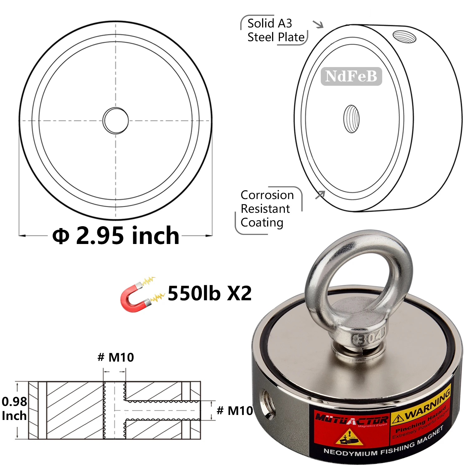 Двухсторонний сильный неодимовый магнит для рыбалки кг x 2 прочный веревочный