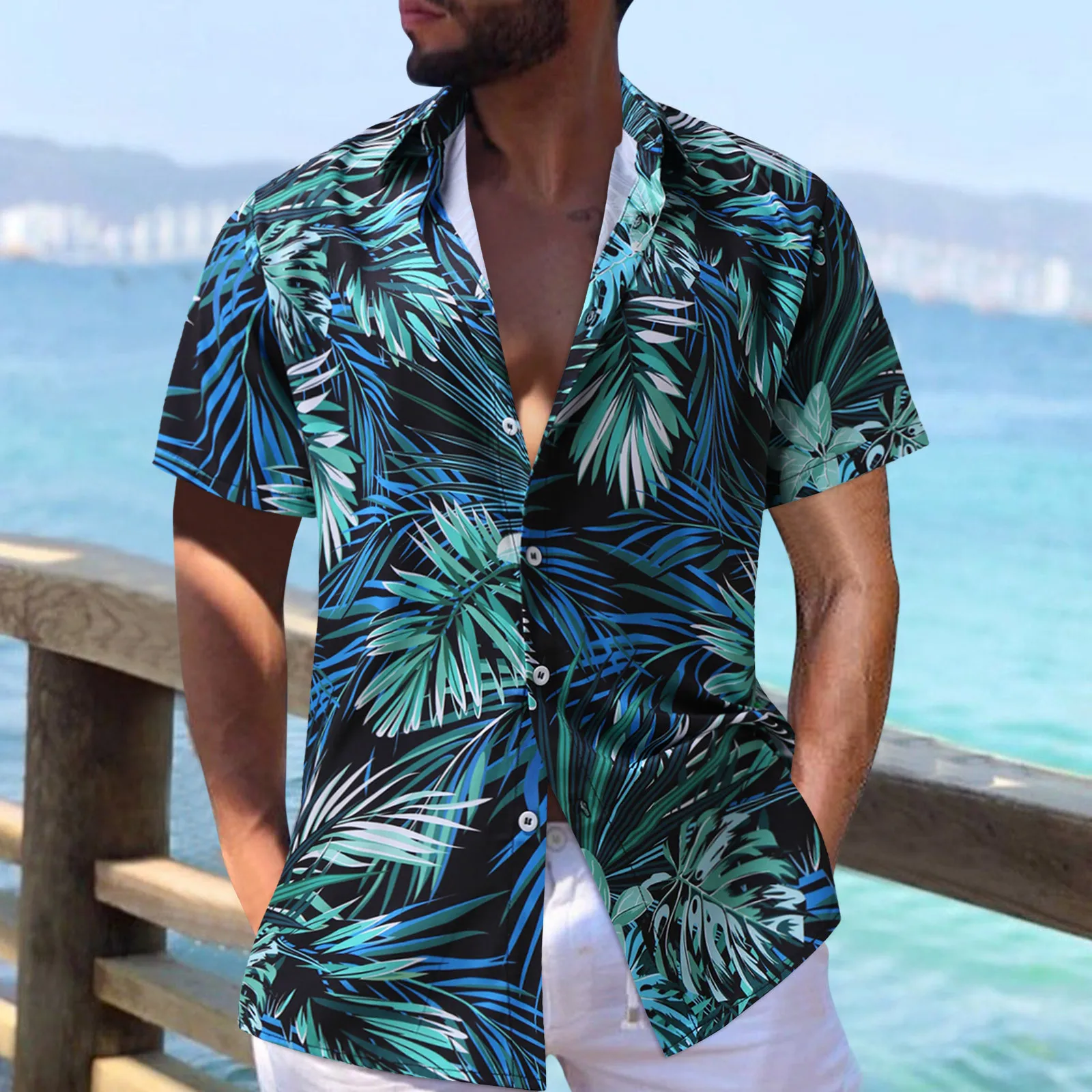 

Apparel Shirt Men Summer Printed Turndown Collar Casual Single Breasted Short Sleeve Shirts Apparel Shirt with Shirt