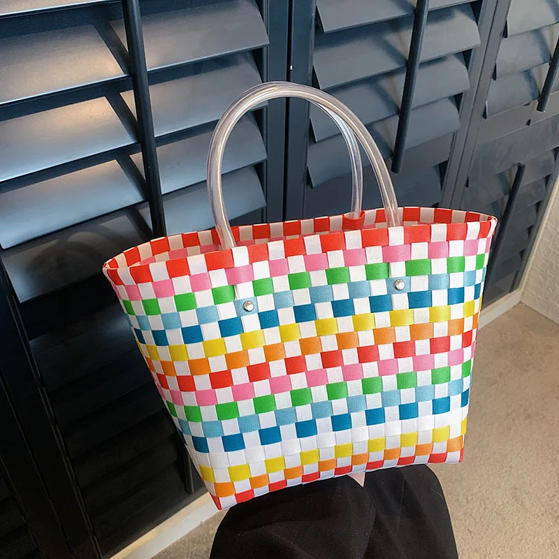 

Weave Basket Beach Bag Contrast Color Large Tote Bag Bucket Summer Bags Handmade Women Braided New waterproof Shopping bags