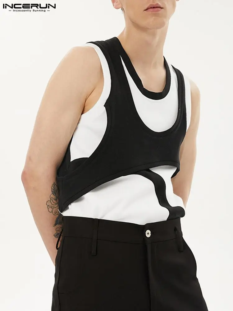 

INCERUN Fashion Men Tank Tops Patchwork O-neck Sleeveless Summer Streetwear Sexy Casual Vests Fitness 2022 Men Clothing S-5XL