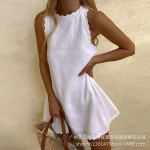 Womens Dress Summer Fashion Solid Color Sleeveless Loose Pullover Dress Womens Sexy Round Neck Lace Short Sleeve Printed Dress