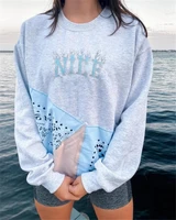 women loose casual sweatshirts light grey plus zie long sleeve o neck spring autumn clothing fashion patchwork printed pullovers
