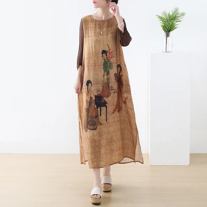 Summer Orignal Ethic Ramie Vintage Maxi Dress For Women Loose Robes Chinese Style Sundress Clothes 2022 New Patchwork Silk Robe