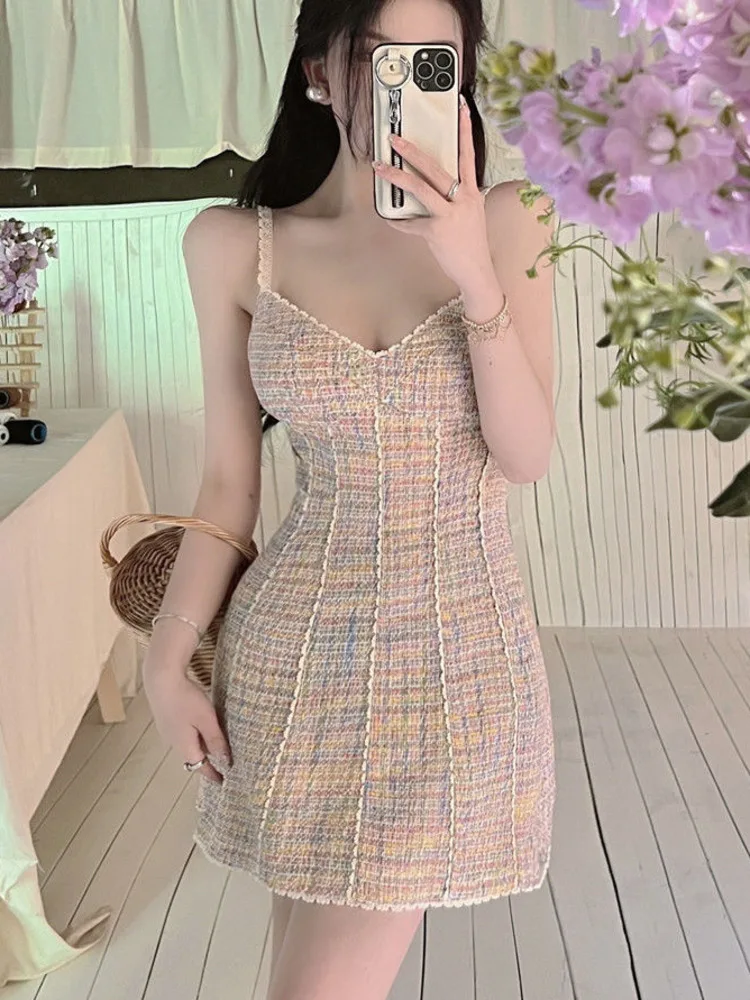 

French Vintage Small Fragrance Tweed Dresses For Women 2022 Korean Sweet Sleeveless Sexy Summer Dress Elegant Princess Vestidos