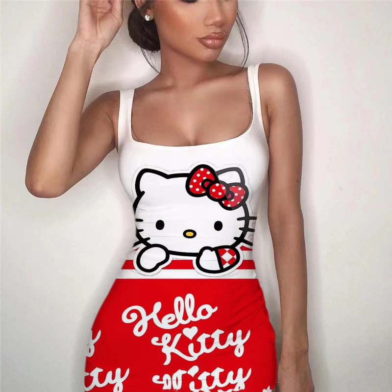 

Summer Fashion Women's Sexy O Neck Mini Slim Dress Bag Hips Women Sleeveless Casual Skinny Japanese Cartoon Hello Kitty Dress