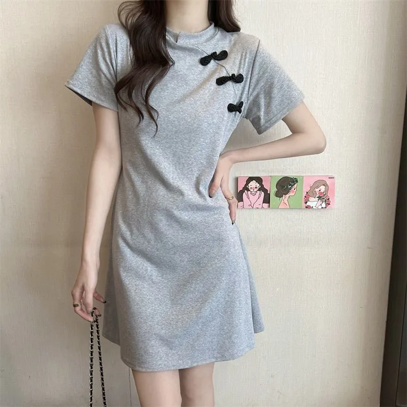

Sweet Dress Summer Retro Temperament Slim Chinese Style A-LINE Woman Above Knee O-Neck Casual Shirt Dresses Wholesale