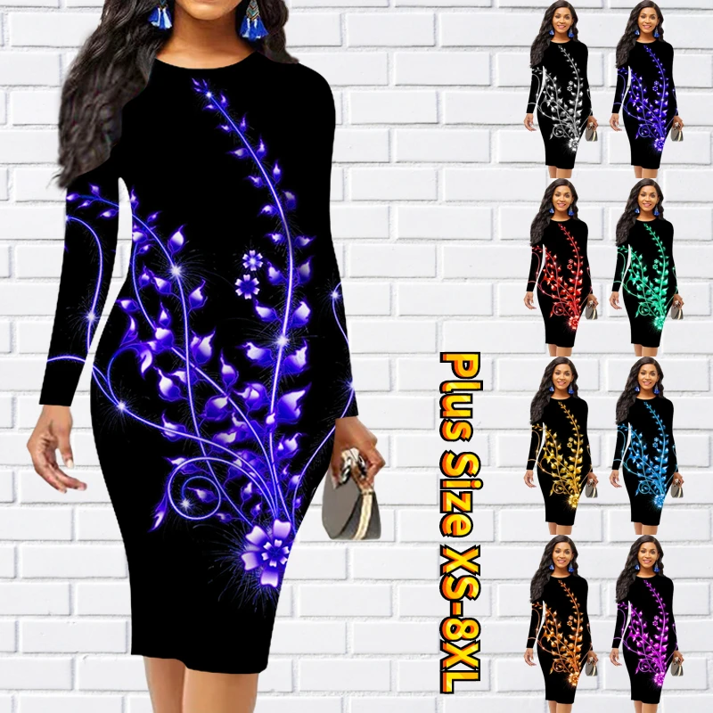 

Autumn Winter Women Round Neck Dress Temperament Tight Skirt New Design Printing Slim Skirt Long Sleeve Skirt Vintage Midi Skirt