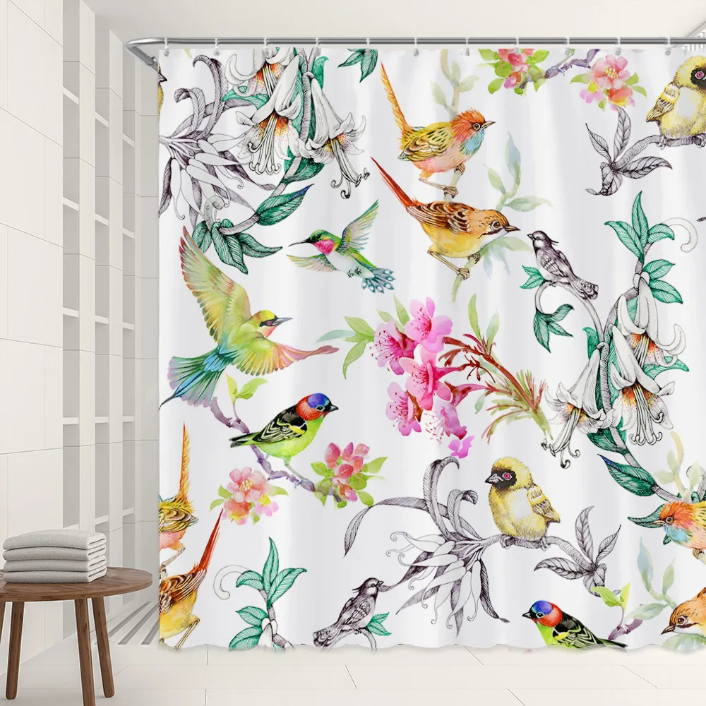 Bird Flowers Shower Curtain Tropical Pattern with Hawaiian Jungle Style Image, Cloth Fabric Bathroom Decor Set with Hooks