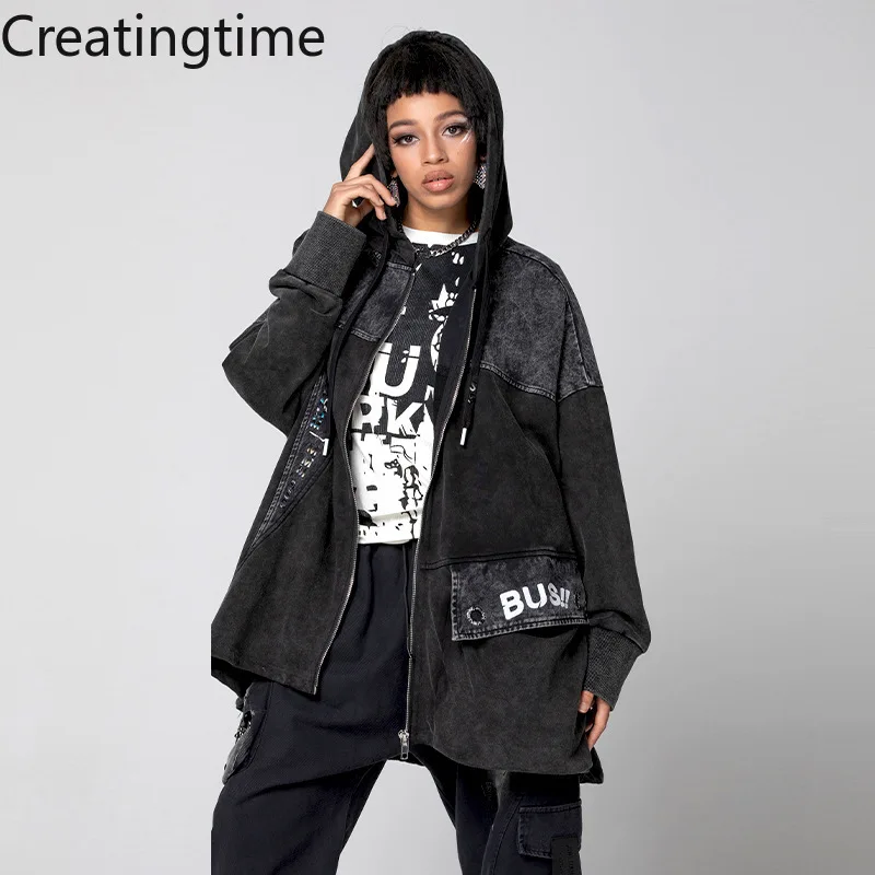 

Creatingtime 2022 Spring New Fashion Trend Women Hooded Zipper Pockets Patchwork Letter Printing Loose Fit Denim Jacket GA508