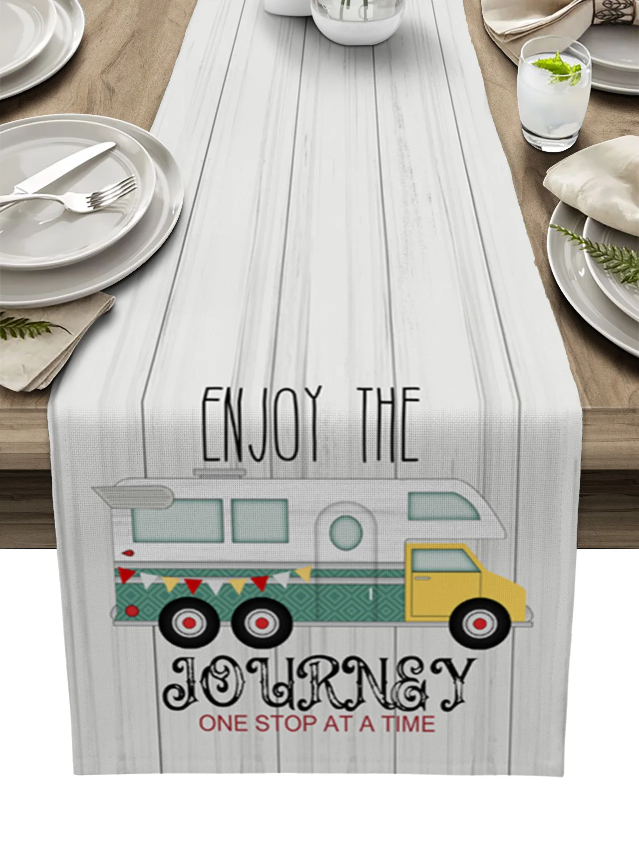 

Summer Camper Travel Wood Grain Table Runner luxury Kitchen Dinner Table Cover Wedding Party Decor Cotton Linen Tablecloth