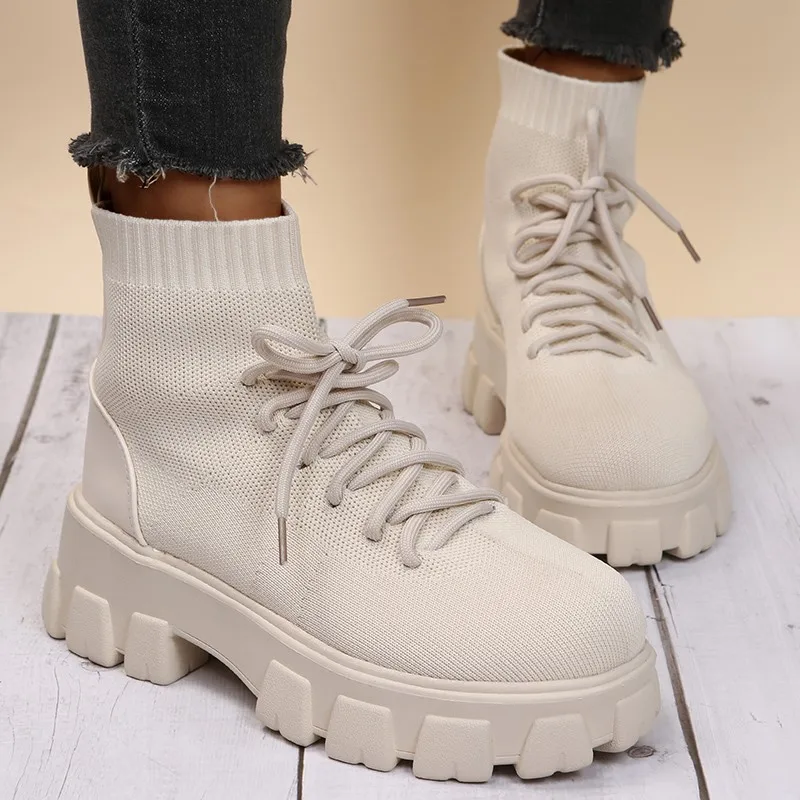 

2021 Fashion New Socks Shoes Woman Stretch Fabric Mid-Calf Casual Platform Boots Knitted Short Boots Women Plus Size 43 Booties