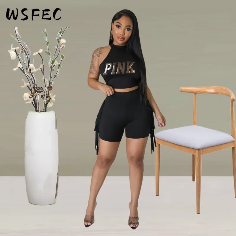 

WSFEC S-2XL летний 2023 сексуальный спортивный комплект из двух предметов, женская одежда, однотонные без рукавов, тонкие короткие костюмы с кисточками, женские подходящие комплекты