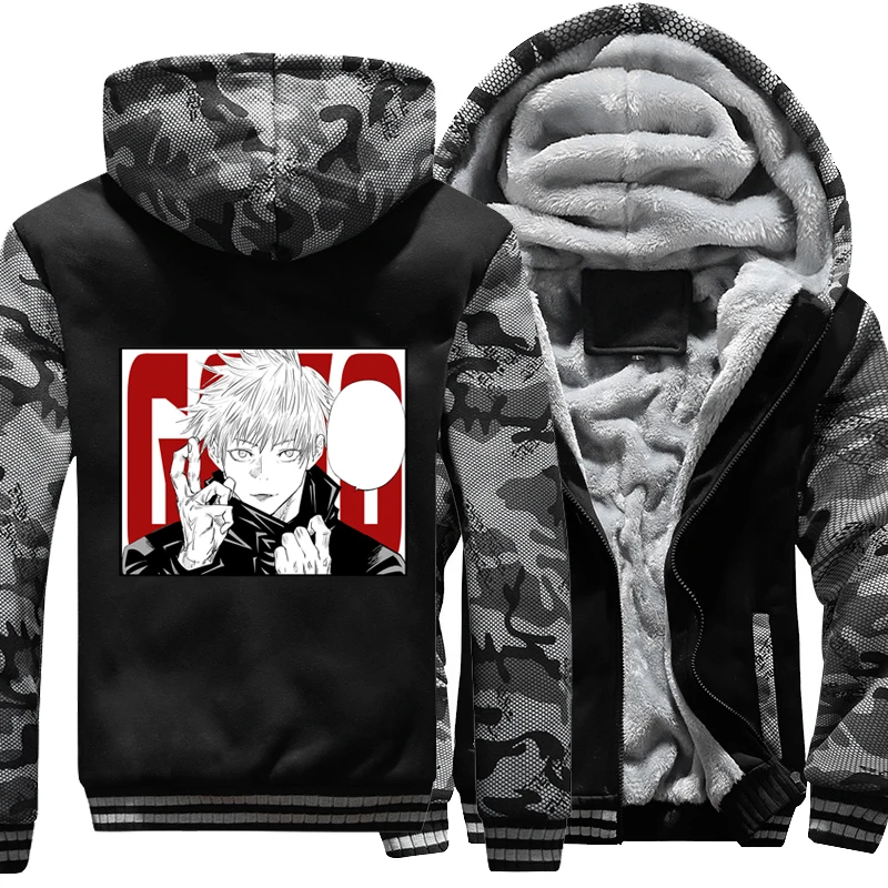 

Gojo Satoru Jujutsu Kaisen Cool Japanese Anime Harajuku Winter Jacket Men Fleece Thicken Hoodies Camo Warm Hooded Jackets Coats