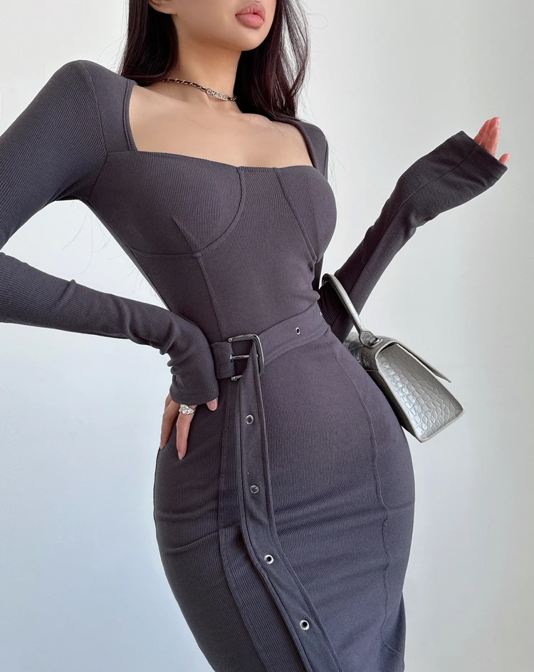 Женский квадратный корсет в рубчик с длинным рукавом и мягким поясом