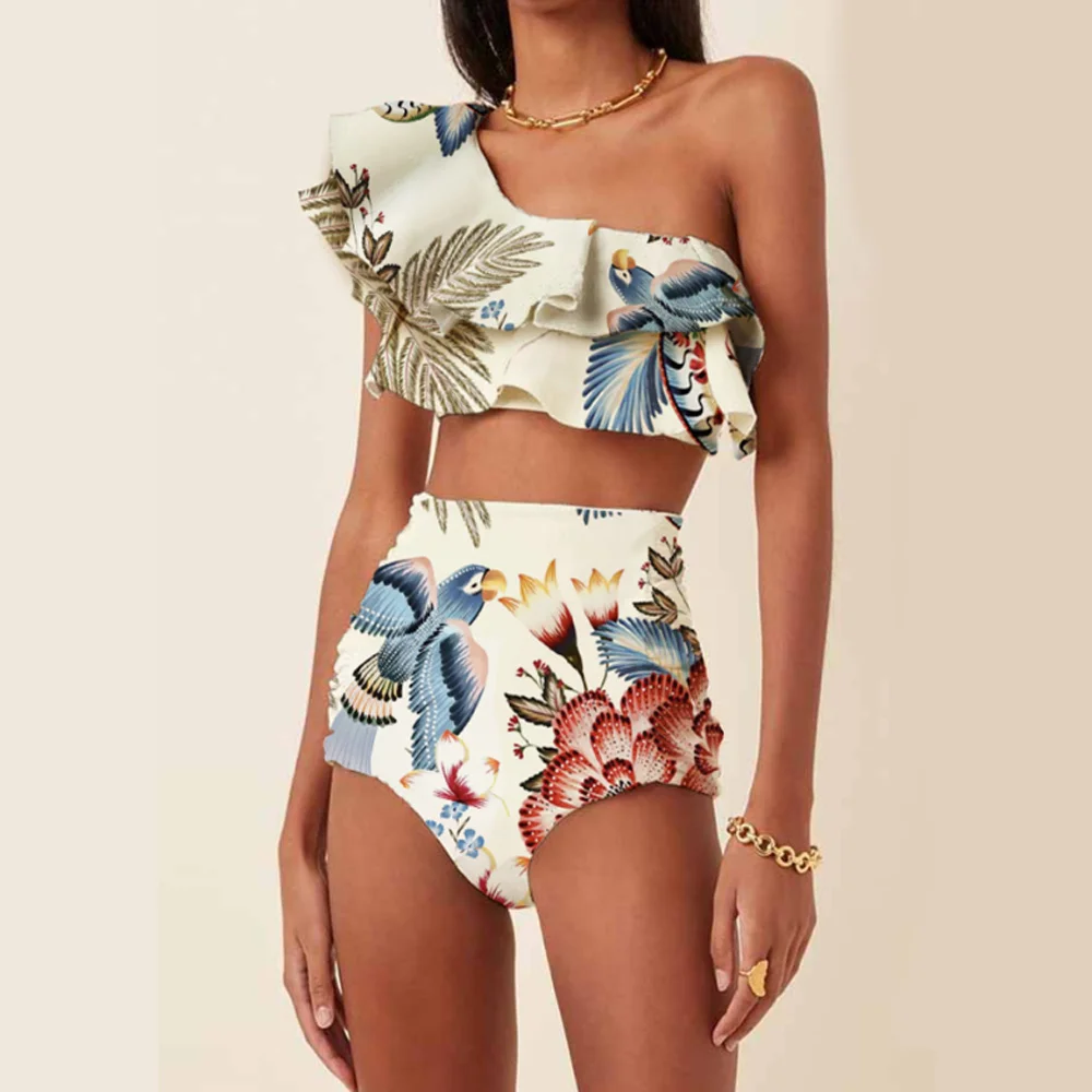 

Женский купальник 2023, купальный костюм с принтом животных, Раздельный купальник на одно плечо, пляжные наряды, комплект бикини с высокой талией и накидкой