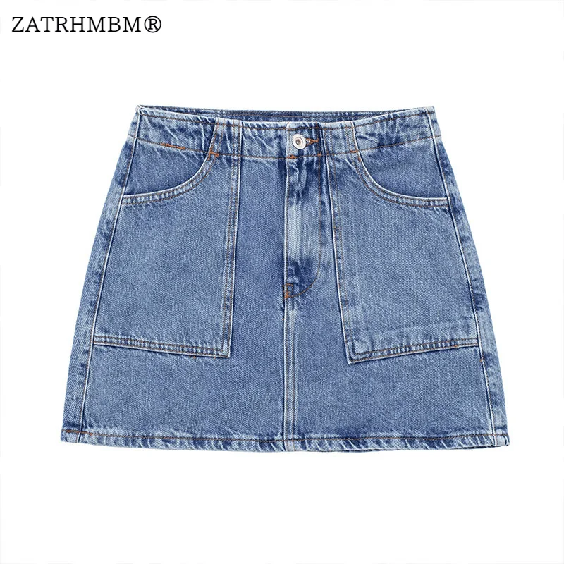 

ZATRHMBM Women 2023 New Fashion Casual Denim Mini Skirt Vintage Side Pockets Zip Fly High-Waisted Female Skirts Mujer