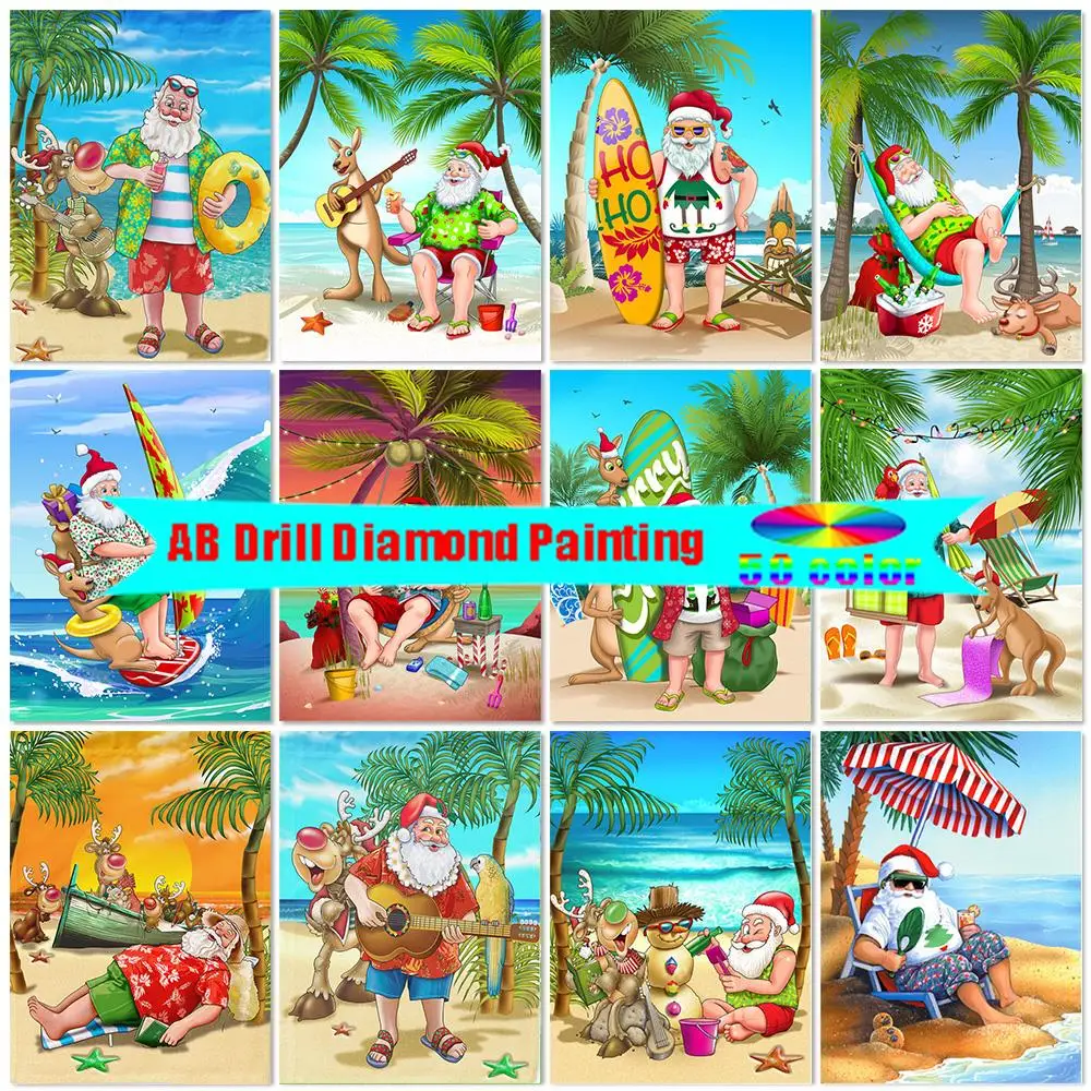 

Full AB Diamond Painting Cartoon Santa Claus Diamond Embroidery Beach Mosaic Landscape Seaside Rhinestone Decor Christmas Gift