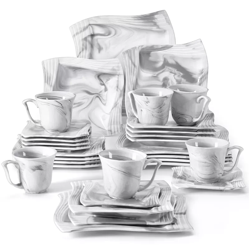 

30-Piece Marble Grey Porcelain Tableware Dinnerware Set with Dessert/Soup/Dinner Plate/Cup/Saucer,Service for 6