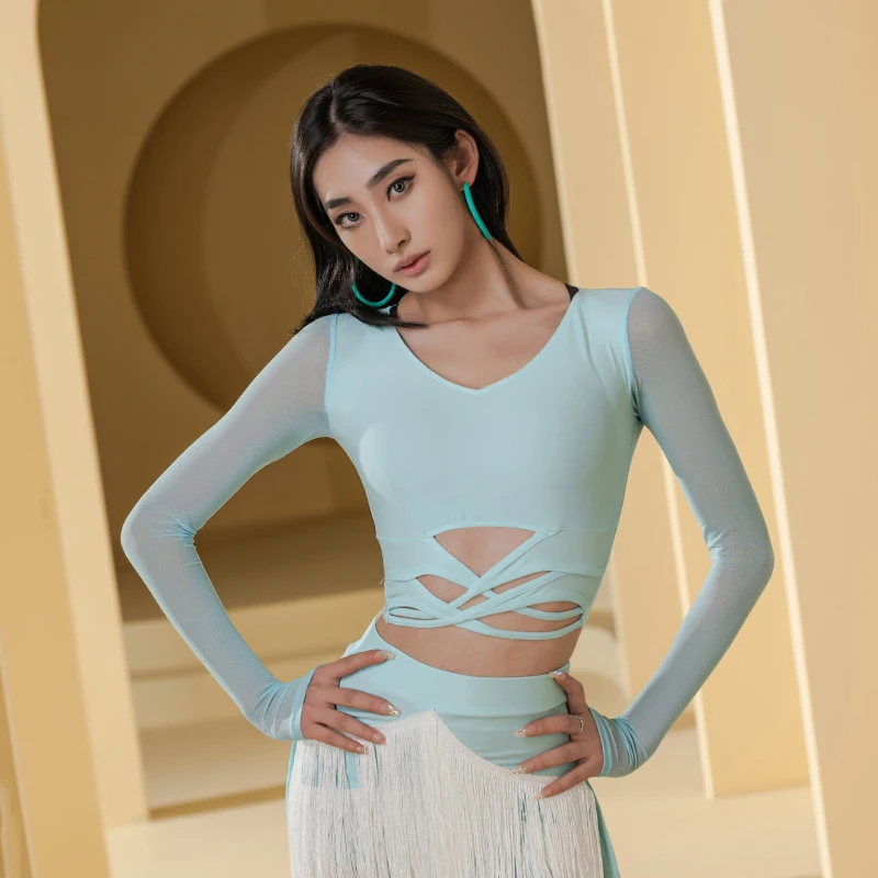 

2022 Latin Dance Clothes Women's Long Sleeves Tops Adult Rumba Modern Dancing Wear Salsa Samba Practice Sexy Dance Tops BL7861