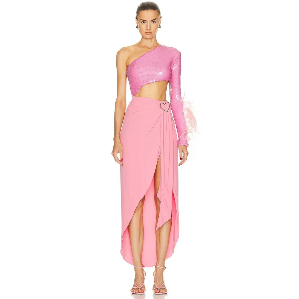 

New Women's Pink One Shoulder Long Sleeve Feather Decoration Sequin Hollow Out Bodycon Celebrity Party Runway Evening Maxi Dress