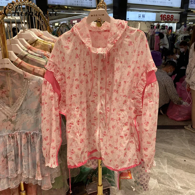 

European Style Long Sleeve Floral Sun Protection Clothing for Women 2022 Summer New Fashion Thin Loose Hooded Loose Elegant Coat