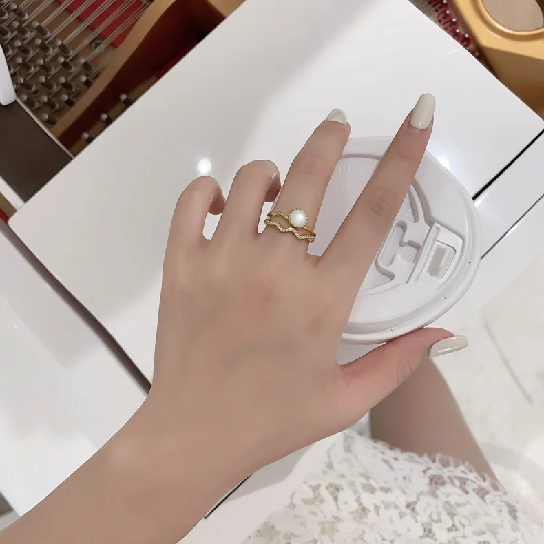 

Cubic Zircon Wave Double Layer Rings Round Cat's Eye Stone Geometric Adjustable Open Rings For Women Wedding Jewelry