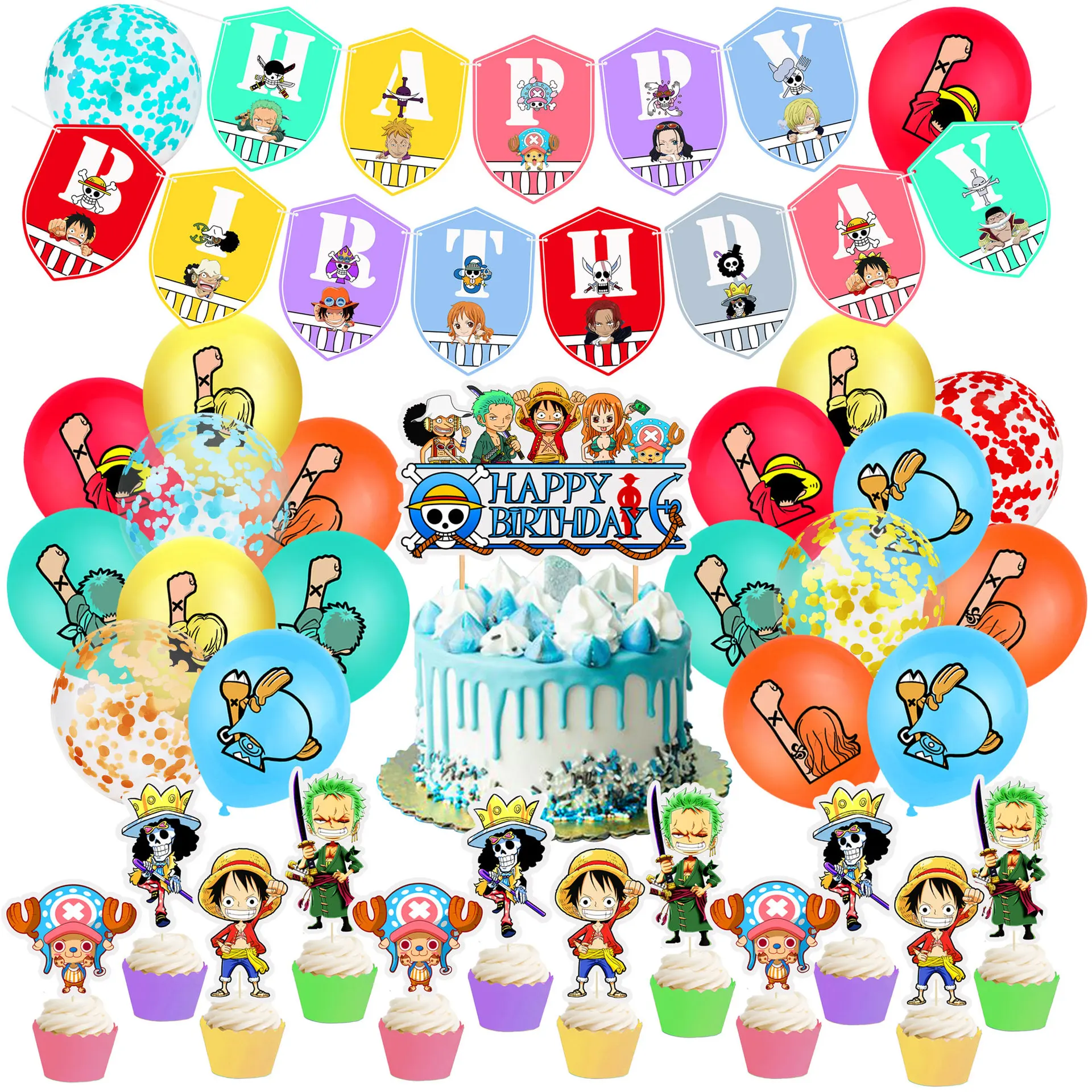 

New Set Birthday Balloons Kids Party Decoration Baby Shower Balloons Happy Birthday Banners Anime One Piece Theme Cupcake Topper