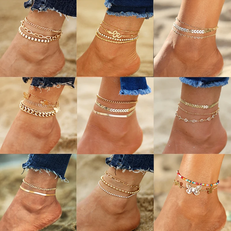 

17KM Bohemian Multilayer Gold Color Anklet Bracelet On The Leg For Women Fashion Female Anklets Barefoot Leg Chain Beach Jewelry