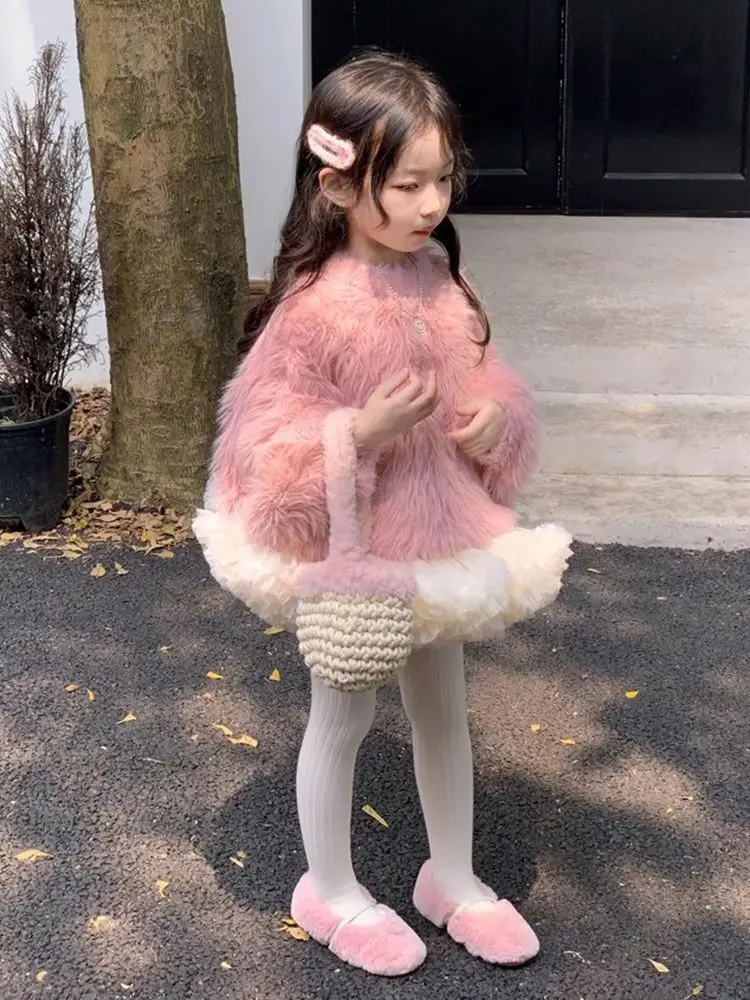 Корейский комплект детской одежды осень-зима 2024 новый розовый меховой топ для