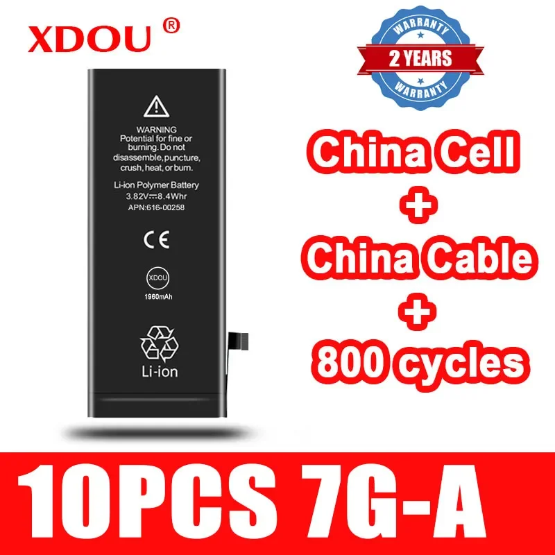 

Аккумулятор XDOU для IPhone 7 7G Accu 1960 мАч, 10 шт./партия, сменный аккумулятор, китайский сотовый кабель, 800 циклов, 2023 7G-ADIANCHI