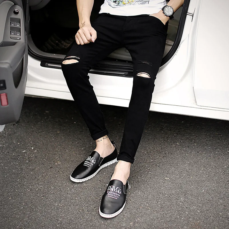 Korean Fashion Streetwear Men 2022 Black Blue white Jeans Hombre Slim Hip Hop Pants Ripped Jeans On The Knees Free Shipping