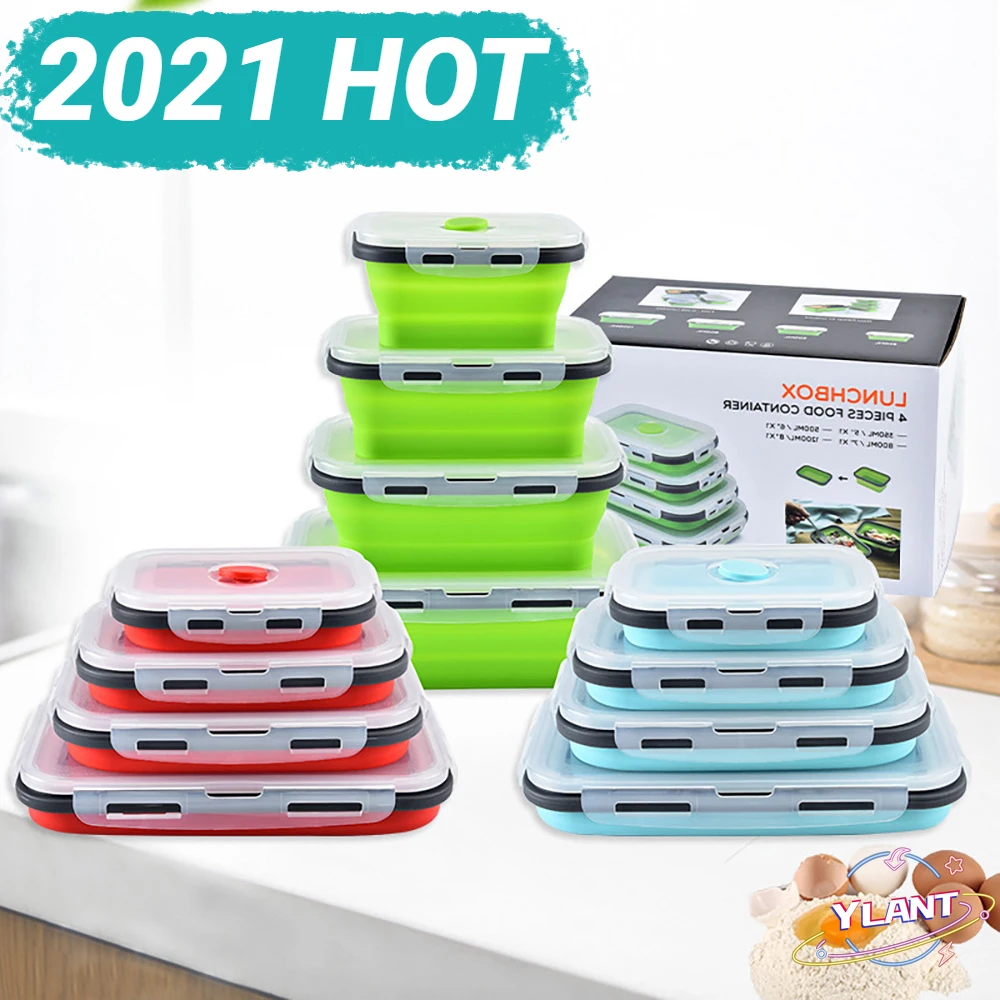 

4 Pcs BPA Free Silicone Collapsible Outdoor Lunch Box Food Storage Container Eco-Friendly Microwavable Portable Picnic Camping