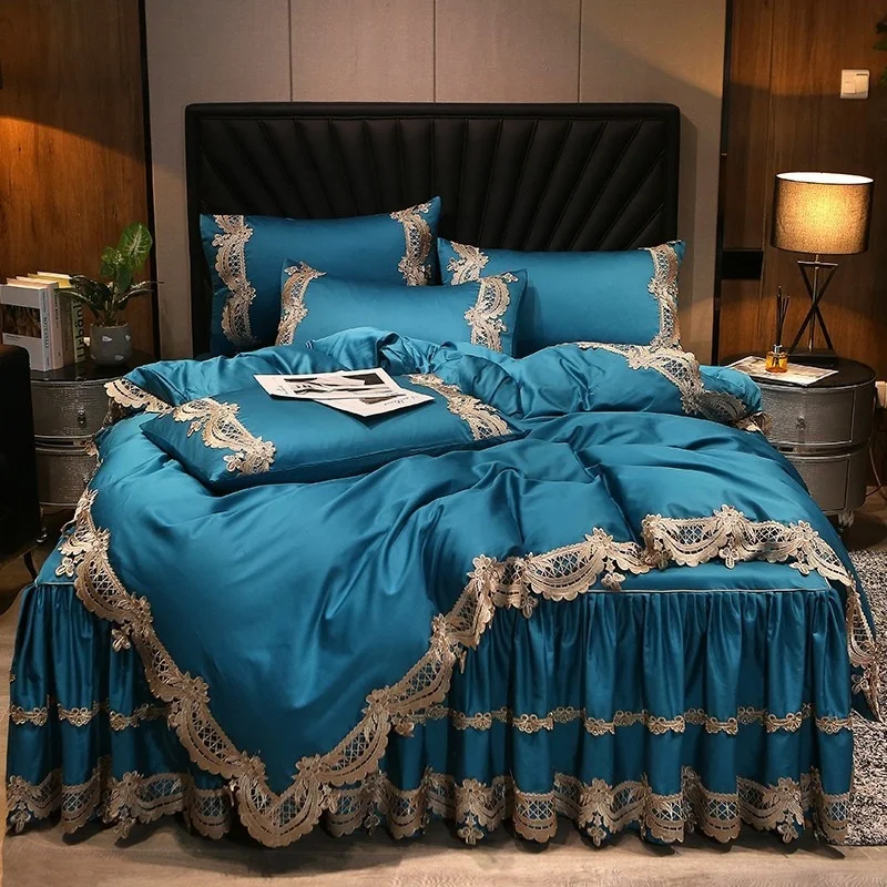

Premium 100% Egyptian Cotton Shabby Vintage Elegant Lace Bedding set Zipper Duvet Cover Ruffle 160X200cm Bed Skirt Pillowcases