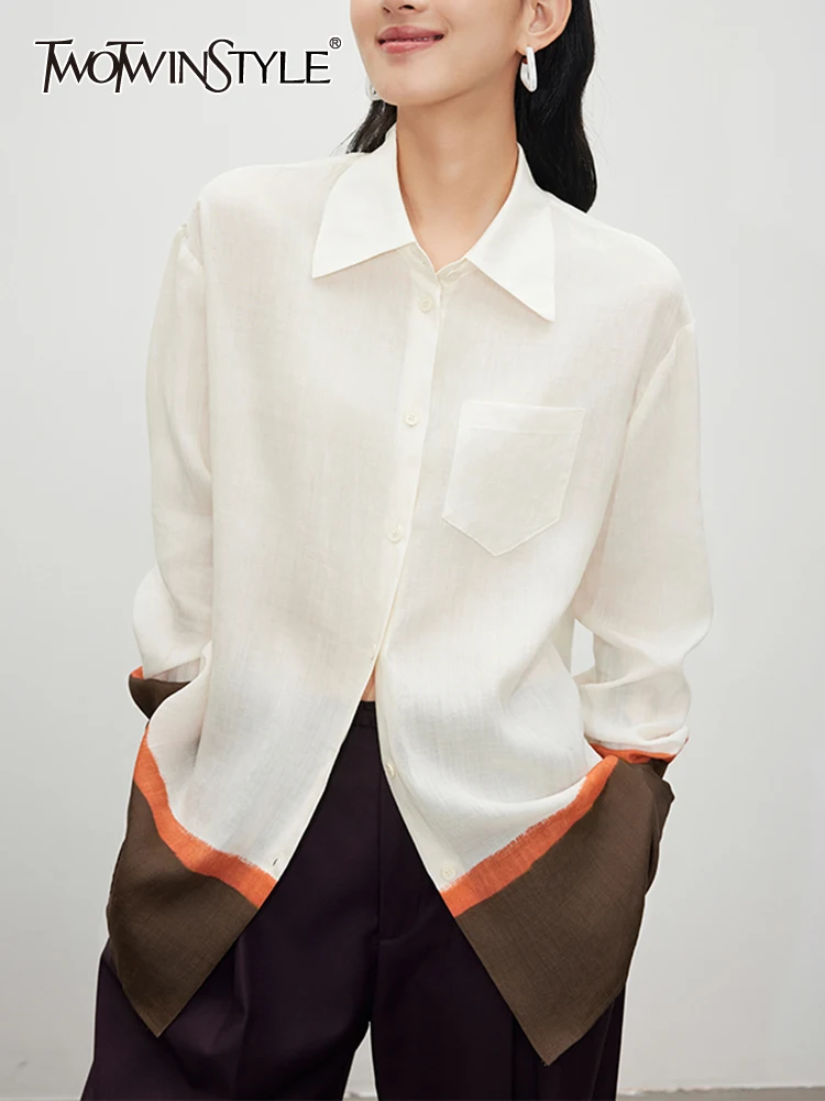 

Женская однобортная рубашка TWOTWINSTYLE, голубая Повседневная Блузка составного кроя с отложным воротником и длинными рукавами на лето 2019