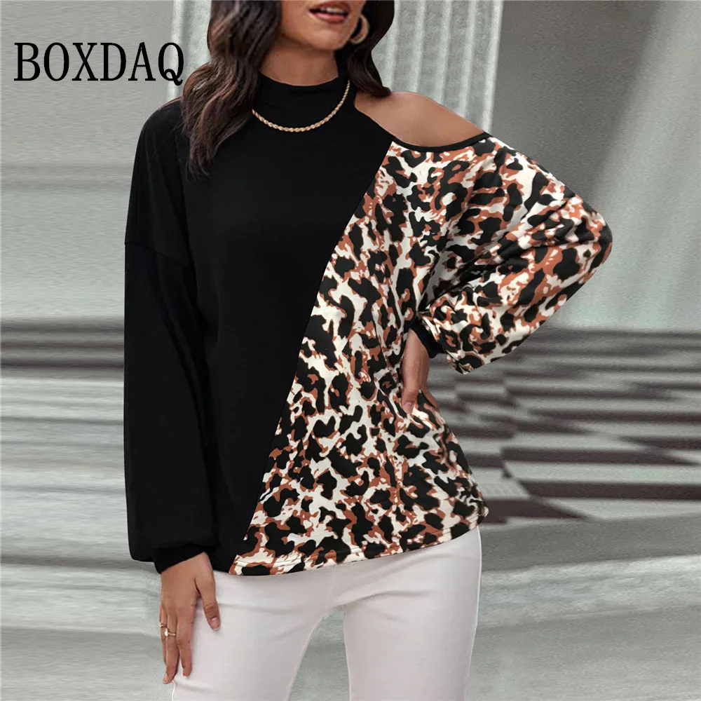 

Женская футболка с леопардовым принтом, черная свободная футболка большого размера с длинным рукавом и открытыми плечами, в стиле пэчворк, ...